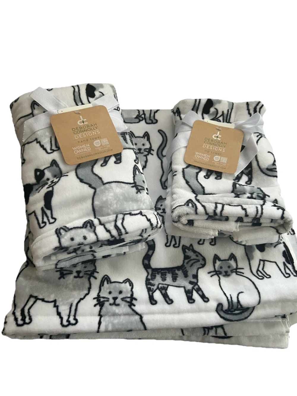 Deborah Connolly 6 PC Bath Towel Set Kitty Cats Kittens Tabby Cat Black White